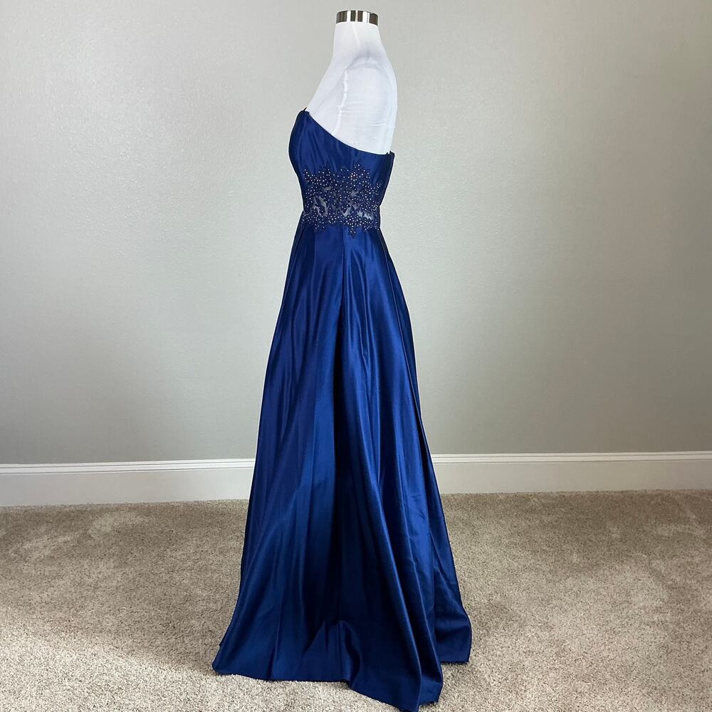 Blondie Nites Strapless Beaded Satin A-Line Evening Gown Royal Blue Size 7 Dress - Picture 5 of 11